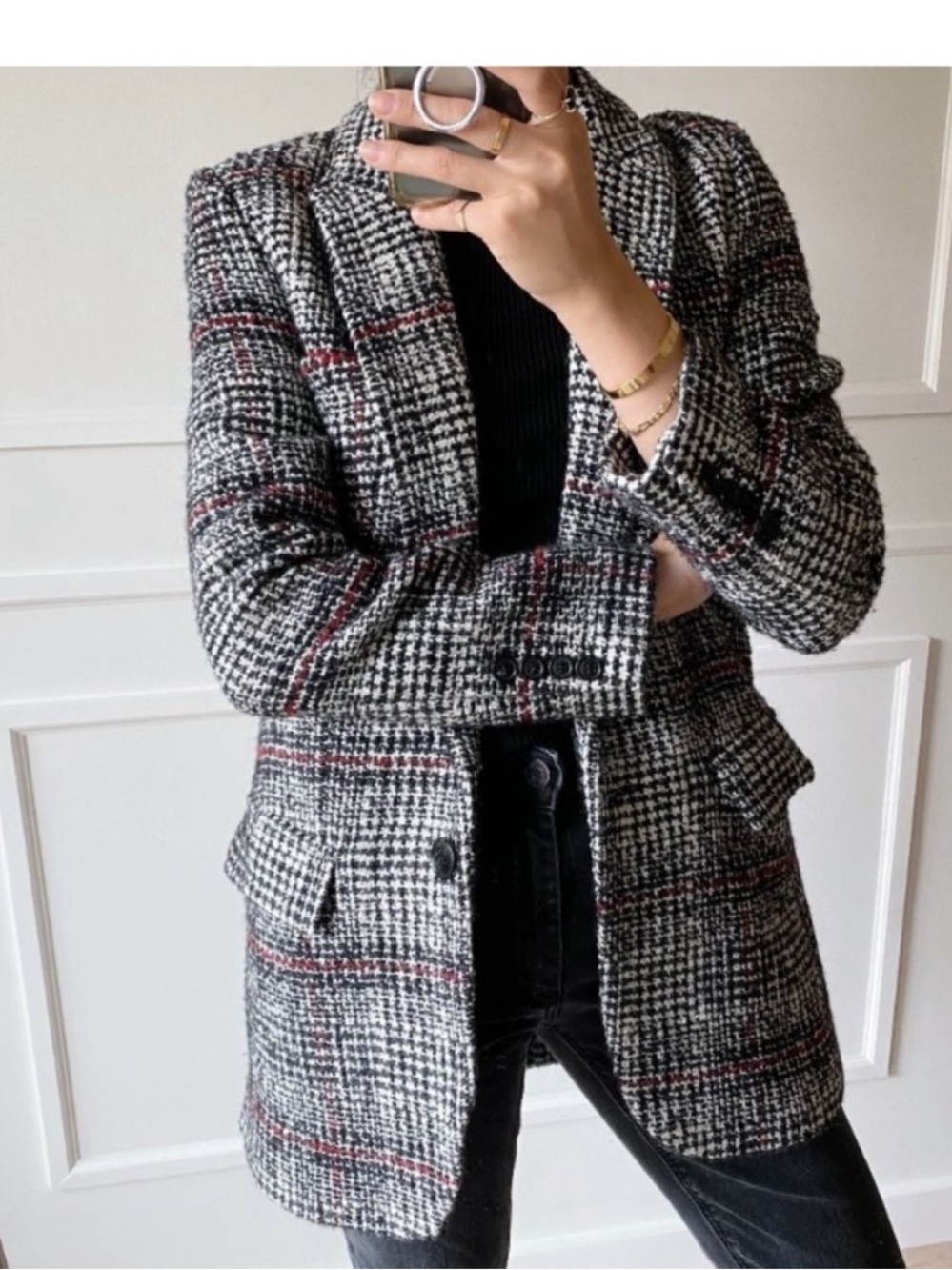 Isabel Marant Etoile Erix Ice Plaid  Tweed One Button Wool Jacket Blazer Sz 44